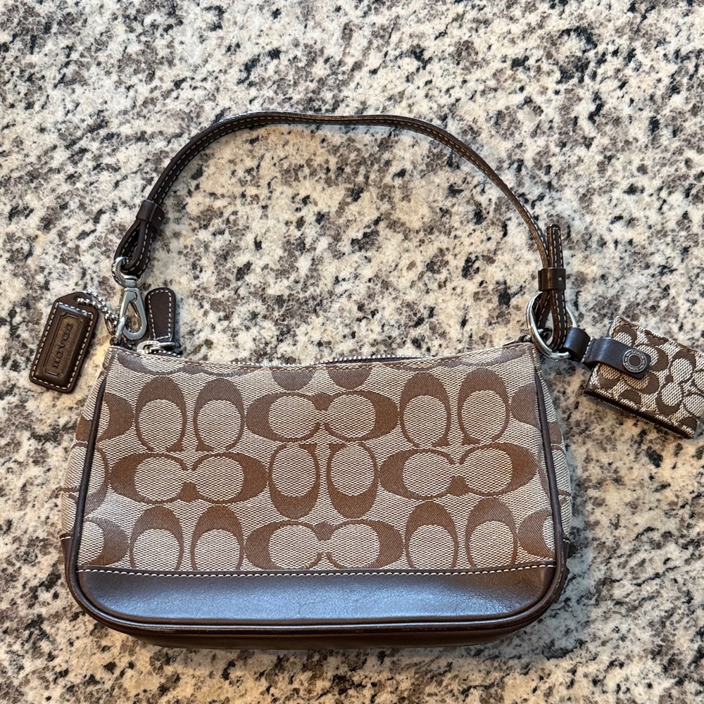 Coach Brown Signature Jacquard Shoulder Bag with Dark Brown Leather Trim